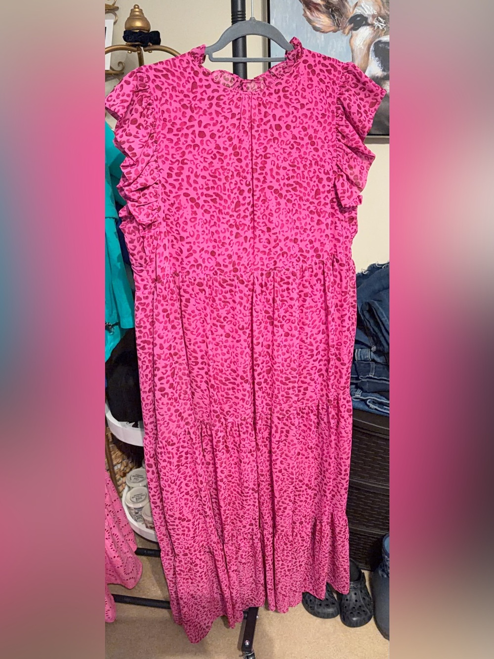 entro Pink Leopard Print Ruffle Sleeve Maxi Dress